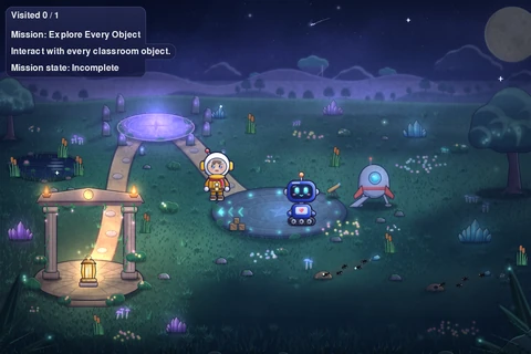 The Trail in S01: Nova arrives in Moon Meadow near the landing pad, with Pixel, the lander, and the Lantern Shrine in view.