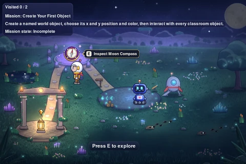 The Trail in S02: Nova stands beside the Moon Compass in the stone clearing, with the Inspect Moon Compass prompt showing.