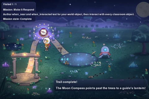 The Trail in S03: the Moon Compass glows in the stone clearing as its reveal message appears.