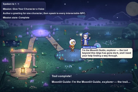 The Trail in S04: Nova meets the Moonlit Guide below the ridge, and the guide's greeting fills a speech bubble.