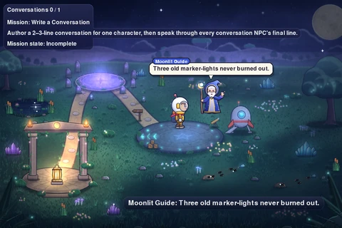 The Trail in S05: Nova stands beside the Moonlit Guide in the same spot below the ridge, and the guide's next line fills a speech bubble.